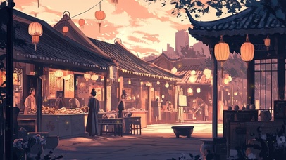 黄昏下的静谧古镇集市