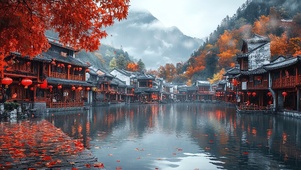 红叶飘落的唯美古镇新年风景