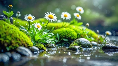 雨中溪边小雏菊