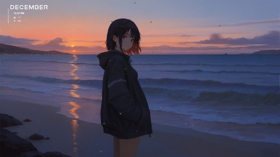 唯美夕阳海景孤独感少女