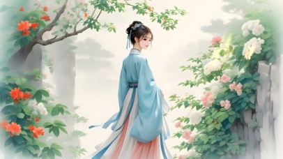 绿色护眼古风美女手绘花朵插画5