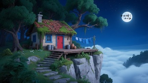 夜晚悬崖小屋
