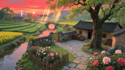 晚霞石墙乡村院落