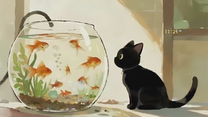 好奇黑猫鱼缸
