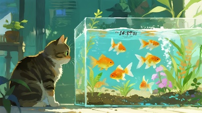鱼缸旁可爱猫咪