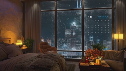 4k温暖的飘雪城市房间