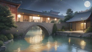 夜晚河边古风小屋