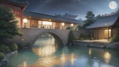 夜晚河边古风小屋