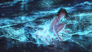 蓝色荧光海滩少女