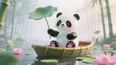 可爱竹林溪水熊猫