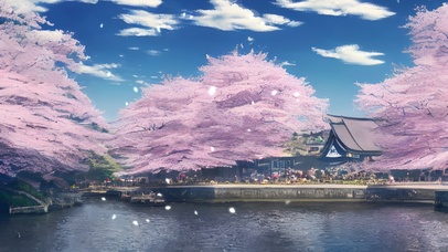 河边樱花日式建筑