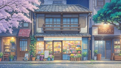 春夜樱花树下花店