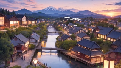 傍晚富士山下日式小镇