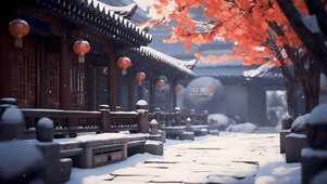 4K唯美古风庭院的雪