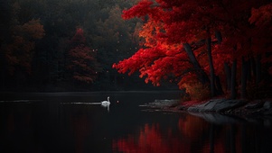 红枫映水，白羽独行