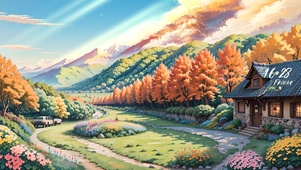 治愈风景插画山下小屋