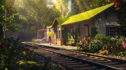 4k 清新护眼阳光树林铁路小屋