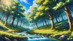 蓝天下树林和中间蜿蜒小溪-4k