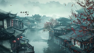 烟雨朦胧江南墨画