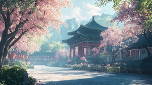 朦胧春日庭院古镇
