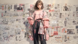 报纸墙边的少女