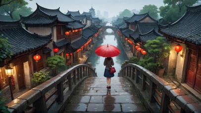 雨中水乡撑伞姑娘