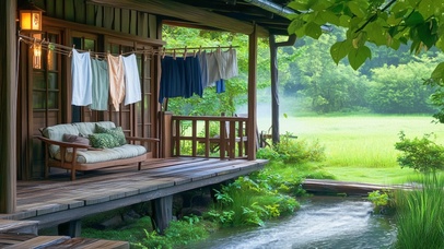 晾晒衣服的溪边小屋