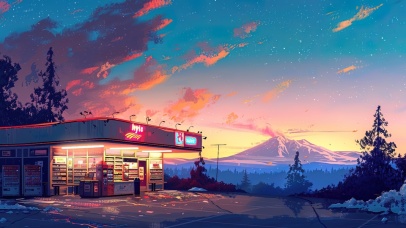 黄昏雪景星空便利店