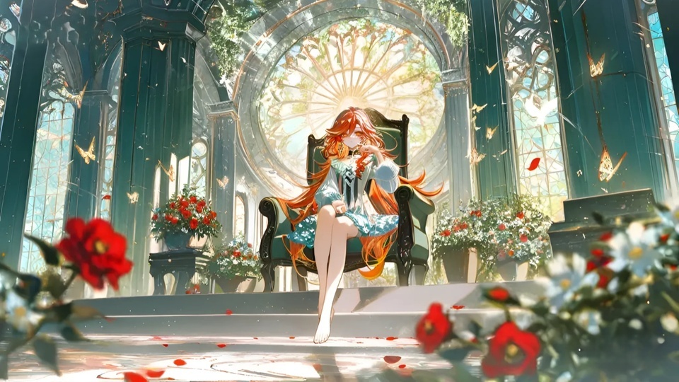橙长卷发少女坐在温室扶手椅上，四周环绕红玫瑰与金色飞蝶