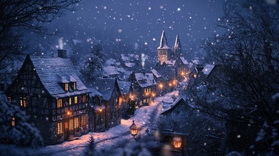 雪中的欧洲小镇夜晚