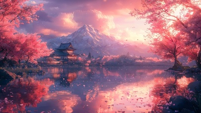 唯美晚霞樱花湖泊