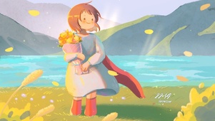 小女孩捧着花