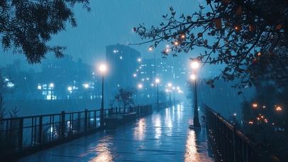 蓝调雨夜下的天桥