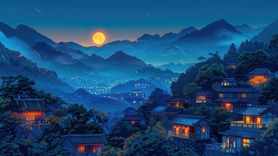 月满中秋山村美景