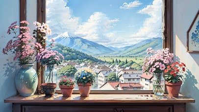 窗外的雪山小镇风光