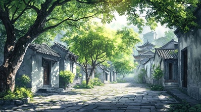 树影下的石板路