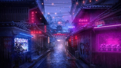 4k 赛博朋克雨天古镇
