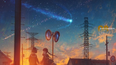 夕阳星空下的少女