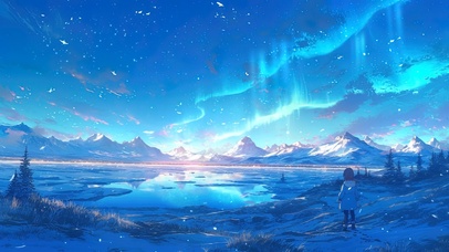  凝望雪原极光的小女孩