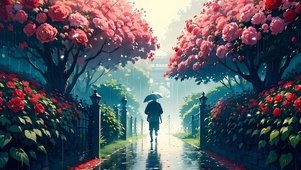 雨中开满鲜花的花园