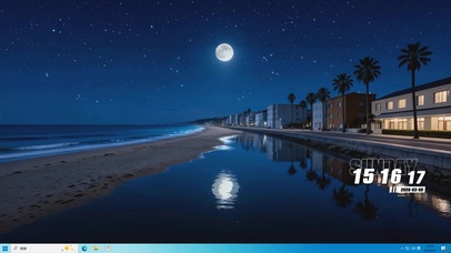 夜景海边房屋树木桌面主题