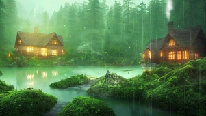 雨天森林房屋雾气景色