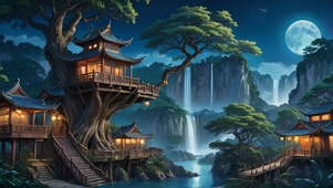 夜晚的中式树屋