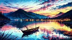 傍晚湖面小舟