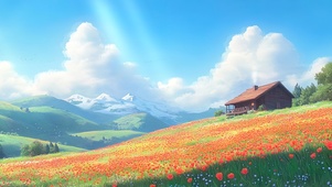 浪漫山坡花海小屋