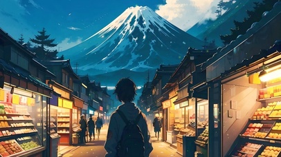 夜晚雪山下的商店街