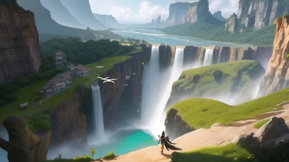 壮观的瀑布悬崖边的村落