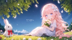 星空下草地女孩