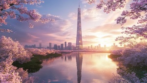 樱花湖畔的水中倒影