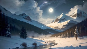 月下雪中山河